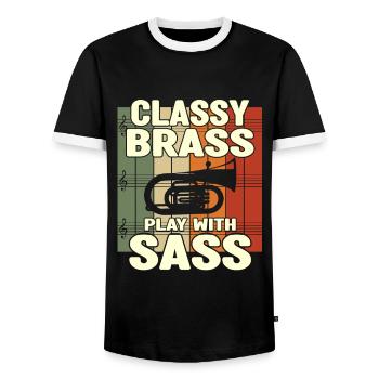 Classy Brass Play With Sass Baritone Player Gifts - Men's Ringer Shirt - black/white - Front - AI Model Female 172 light (172cm) & AI Model Male 178 light (178cm)