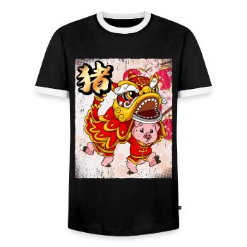 Year of the Pig Lunar New Year Chinese - Men's Ringer Shirt - black/white - Front - AI Model Female 172 light (172cm) & AI Model Male 178 light (178cm)