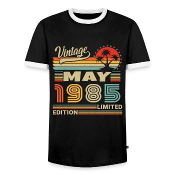 May 1985 Vintage Born in May 1985 Anniversary - Men's Ringer Shirt - black/white - Front - AI Model Female 172 light (172cm) & AI Model Male 178 light (178cm)