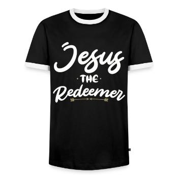 Jesus the Redeemer: Christian faith in God - Men's Ringer Shirt - black/white - Front - AI Model Female 172 light (172cm) & AI Model Male 178 light (178cm)