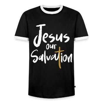 Jesus Our Redemption Cross Christian Faith - Men's Ringer Shirt - black/white - Front - AI Model Female 172 light (172cm) & AI Model Male 178 light (178cm)