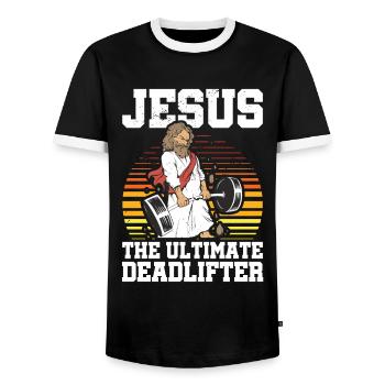 Jesus The Ultimate Deadlifter Gym - Men's Ringer Shirt - black/white - Front - AI Model Female 172 light (172cm) & AI Model Male 178 light (178cm)