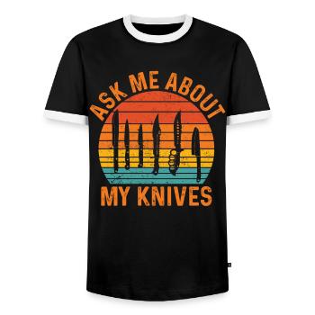 Drôle de collectionneur de couteaux rétro - T-shirt contrasté Homme - noir/blanc - Devant - AI Model Female 172 light (172cm) & AI Model Male 178 light (178cm)