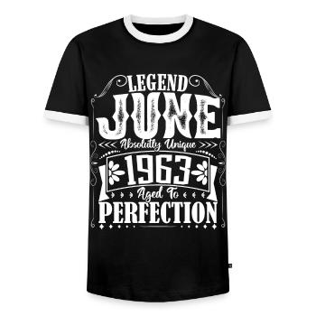 June 1963. Birthday June 1963 Gift June 1963 - Men's Ringer Shirt - black/white - Front - AI Model Female 172 light (172cm) & AI Model Male 178 light (178cm)