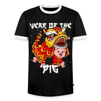 Year of the Pig Lunar New Year Chinese - Men's Ringer Shirt - black/white - Front - AI Model Female 172 light (172cm) & AI Model Male 178 light (178cm)