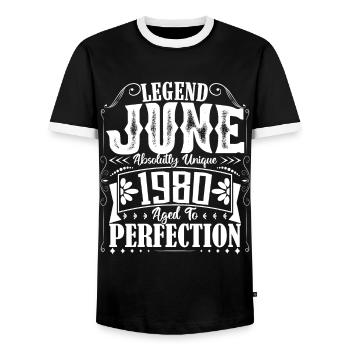 June 1980. Birthday June 1980 Gift June 1980 - Men's Ringer Shirt - black/white - Front - AI Model Female 172 light (172cm) & AI Model Male 178 light (178cm)