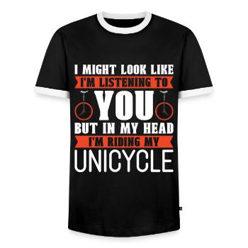 Monocycle J’ai peut-être l’air d’écouter Vélo - T-shirt contrasté Homme - noir/blanc - Devant - AI Model Female 172 light (172cm) & AI Model Male 178 light (178cm)