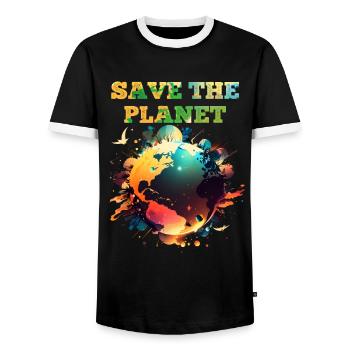 Save planet Earth, climate and nature - Men's Ringer Shirt - black/white - Front - AI Model Female 172 light (172cm) & AI Model Male 178 light (178cm)