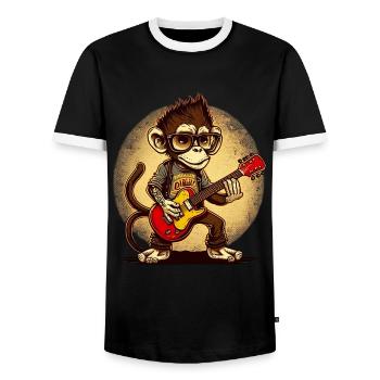 Affe Schimpanse spielt Acousitc Rock Gitarre - Männer Kontrast-T-Shirt - Schwarz/Weiß - Vorne - AI Model Female 172 light (172cm) & AI Model Male 178 light (178cm)