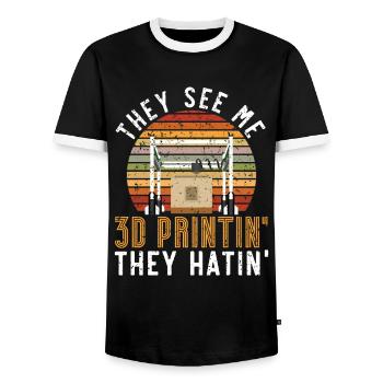 They see me 3D printing and hate me 3D printing - Men's Ringer Shirt - black/white - Front - AI Model Female 172 light (172cm) & AI Model Male 178 light (178cm)