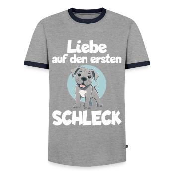 Hundeliebe Es war Liebe auf den ersten Schleck - Männer Kontrast-T-Shirt - Grau/Navy  - Vorne - AI Model Female 172 light (172cm) & AI Model Male 178 light (178cm)
