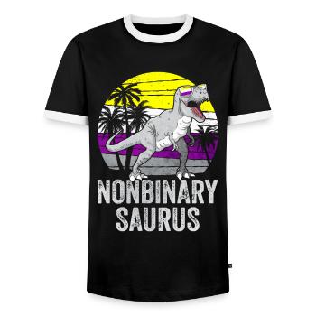 Non Binary Pride Flag Dinosaur Trex LGBTQ - Men's Ringer Shirt - black/white - Front - AI Model Female 172 light (172cm) & AI Model Male 178 light (178cm)