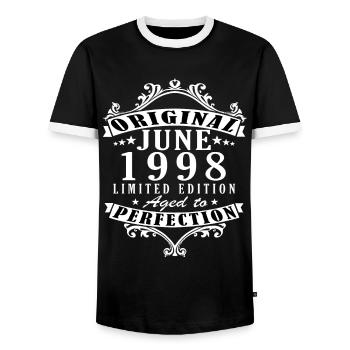 June 1998 | Vintage Gift 1998 - Men's Ringer Shirt - black/white - Front - AI Model Female 172 light (172cm) & AI Model Male 178 light (178cm)