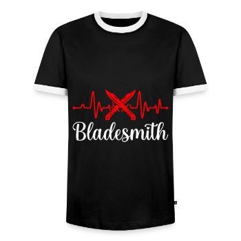 Bladesmith In Progress Toolmaker Knives - Men's Ringer Shirt - black/white - Front - AI Model Female 172 light (172cm) & AI Model Male 178 light (178cm)