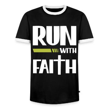 Running with Faith Christian Runner Faith - Men's Ringer Shirt - black/white - Front - AI Model Female 172 light (172cm) & AI Model Male 178 light (178cm)