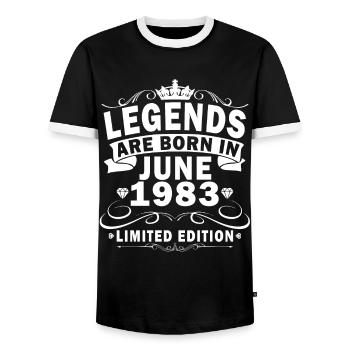 Date de naissance : Juin 1983 - Edition Limitée Rétro - T-shirt contrasté Homme - noir/blanc - Devant - AI Model Female 172 light (172cm) & AI Model Male 178 light (178cm)