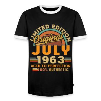 Naissance: juillet 1963, anniversaire: juillet 1963 - T-shirt contrasté Homme - noir/blanc - Devant - AI Model Female 172 light (172cm) & AI Model Male 178 light (178cm)