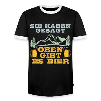Hiker Beer Fan At the top there is beer Mountain Fan Mountains - Men's Ringer Shirt - black/white - Front - AI Model Female 172 light (172cm) & AI Model Male 178 light (178cm)