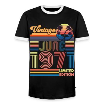 Geburtstag Juni 1971. Juni 1971 Juni 1971 Schenkung - Männer Kontrast-T-Shirt - Schwarz/Weiß - Vorne - AI Model Female 172 light (172cm) & AI Model Male 178 light (178cm)