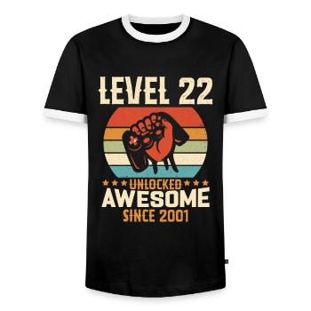 Level 22 Complete 2001 Birthday Gift - Men's Ringer Shirt - black/white - Front - AI Model Female 172 light (172cm) & AI Model Male 178 light (178cm)