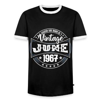 1967 Juni. Geburtstagsgeschenk Juni 1967. Juni - Männer Kontrast-T-Shirt - Schwarz/Weiß - Vorne - AI Model Female 172 light (172cm) & AI Model Male 178 light (178cm)