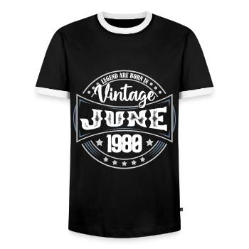 1980 Juni. Geburtstagsgeschenk Juni 1980. Juni - Männer Kontrast-T-Shirt - Schwarz/Weiß - Vorne - AI Model Female 172 light (172cm) & AI Model Male 178 light (178cm)