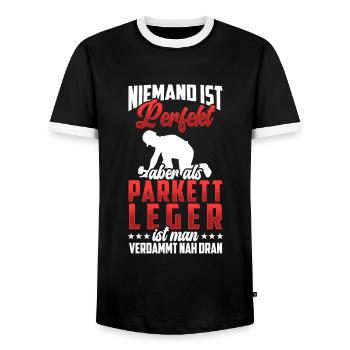 Parkettleger ist nicht perfekt Fußbodenleger - Männer Kontrast-T-Shirt - Schwarz/Weiß - Vorne - AI Model Female 172 light (172cm) & AI Model Male 178 light (178cm)