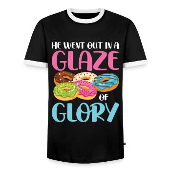 He Went Out In A Glaze Of Glory für einen - Männer Kontrast-T-Shirt - Schwarz/Weiß - Vorne - AI Model Female 172 light (172cm) & AI Model Male 178 light (178cm)