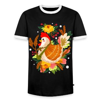 Mother chicken hatches eggs from chicken farming - Men's Ringer Shirt - black/white - Front - AI Model Female 172 light (172cm) & AI Model Male 178 light (178cm)