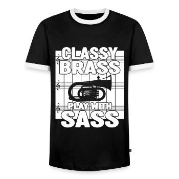 Classy Brass Play With Sass Baritone Bass Player - Men's Ringer Shirt - black/white - Front - AI Model Female 172 light (172cm) & AI Model Male 178 light (178cm)