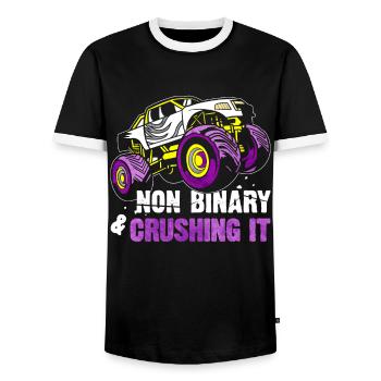 Nicht-binärer Stolz Flagge Monster Truck - Männer Kontrast-T-Shirt - Schwarz/Weiß - Vorne - AI Model Female 172 light (172cm) & AI Model Male 178 light (178cm)