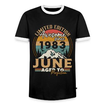 June 1983 Vintage Born in June 1983 Anniversary - Men's Ringer Shirt - black/white - Front - AI Model Female 172 light (172cm) & AI Model Male 178 light (178cm)