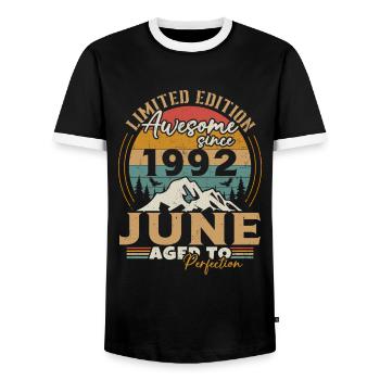 June 1992 Vintage Born in June 1992 Anniversary - Men's Ringer Shirt - black/white - Front - AI Model Female 172 light (172cm) & AI Model Male 178 light (178cm)
