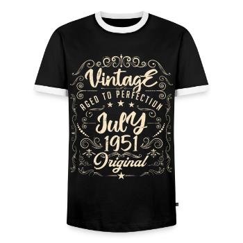Jahrgang Geboren im Juli 1951 Jubiläum Juli - Männer Kontrast-T-Shirt - Schwarz/Weiß - Vorne - AI Model Female 172 light (172cm) & AI Model Male 178 light (178cm)