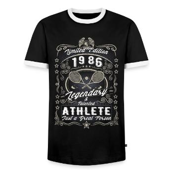 Vintage 1986 Tennis Birthday Gift Hobby - Men's Ringer Shirt - black/white - Front - AI Model Female 172 light (172cm) & AI Model Male 178 light (178cm)