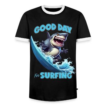 Funny shark with a surfboard - surfer - Men's Ringer Shirt - black/white - Front - AI Model Female 172 light (172cm) & AI Model Male 178 light (178cm)