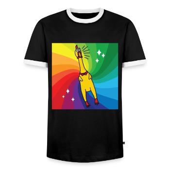 Rubber Chickens Regenbogen Gummihuhn - Männer Kontrast-T-Shirt - Schwarz/Weiß - Vorne - AI Model Female 172 light (172cm) & AI Model Male 178 light (178cm)
