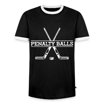 Penalty Balls - Funny Ice Hockey - Men's Ringer Shirt - black/white - Front - AI Model Female 172 light (172cm) & AI Model Male 178 light (178cm)