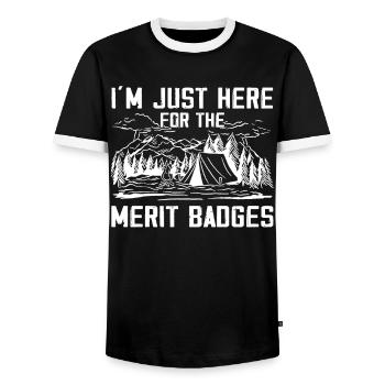 Camping Scouting - Funny Scout Father - Men's Ringer Shirt - black/white - Front - AI Model Female 172 light (172cm) & AI Model Male 178 light (178cm)