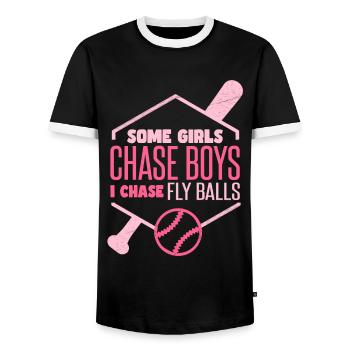 I Chase Fly Balls Softball Girl - Men's Ringer Shirt - black/white - Front - AI Model Female 172 light (172cm) & AI Model Male 178 light (178cm)