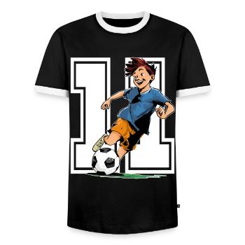 Football Birthday - 11 year old boy - 11. - Men's Ringer Shirt - black/white - Front - AI Model Female 172 light (172cm) & AI Model Male 178 light (178cm)