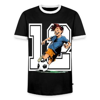 Football Birthday - 12 year old boy - 12. - Men's Ringer Shirt - black/white - Front - AI Model Female 172 light (172cm) & AI Model Male 178 light (178cm)