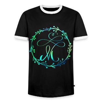 Monogram, Letter M, Calligraphy Ornament - Men's Ringer Shirt - black/white - Front - AI Model Female 172 light (172cm) & AI Model Male 178 light (178cm)
