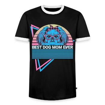 Pekingese Mama Retro - Men's Ringer Shirt - black/white - Front - AI Model Female 172 light (172cm) & AI Model Male 178 light (178cm)