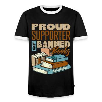 Proud Supporter Of Banned Books - Men's Ringer Shirt - black/white - Front - AI Model Female 172 light (172cm) & AI Model Male 178 light (178cm)
