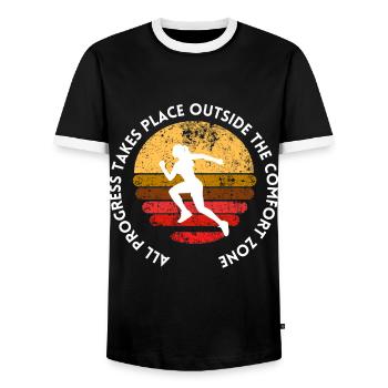 ALL PROGRESS TAKES PLACE OUTSIDE THE COMFORT ZONE - Männer Kontrast-T-Shirt - Schwarz/Weiß - Vorne - AI Model Female 172 light (172cm) & AI Model Male 178 light (178cm)