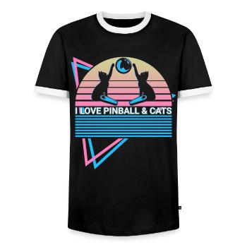 I love pinball machines & cats pinball machines - Men's Ringer Shirt - black/white - Front - AI Model Female 172 light (172cm) & AI Model Male 178 light (178cm)