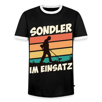 Sondler im Einsatz Kronkorkenjäger Metallsucher - Männer Kontrast-T-Shirt - Schwarz/Weiß - Vorne - AI Model Female 172 light (172cm) & AI Model Male 178 light (178cm)