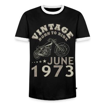 Moto motard Juin 1973 50 ans de dicton - T-shirt contrasté Homme - noir/blanc - Devant - AI Model Female 172 light (172cm) & AI Model Male 178 light (178cm)