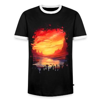 Picturesque Fantasy Landscape: Sunset - Men's Ringer Shirt - black/white - Front - AI Model Female 172 light (172cm) & AI Model Male 178 light (178cm)